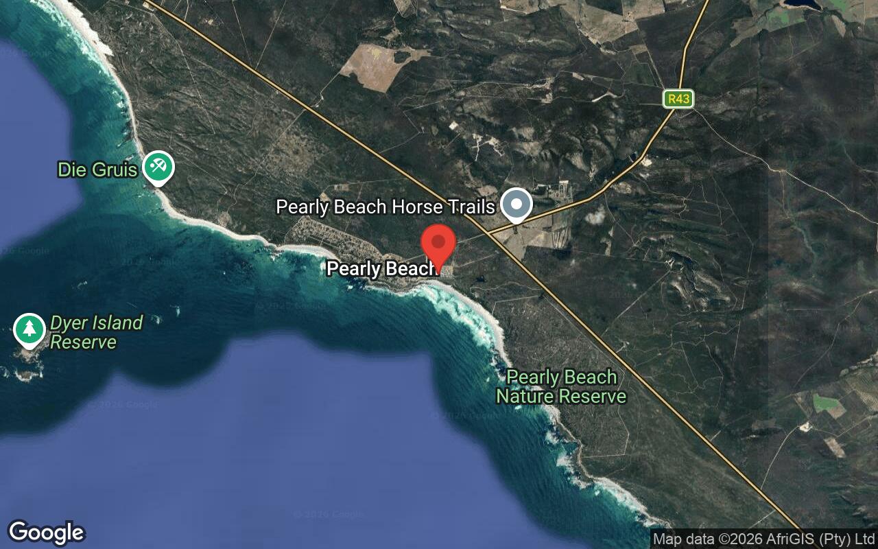 Regional map of Pearly Beach Resort and the surrounding Walker Bay coast, with the Pearly Beach village, main beach, and tidal pool pinned