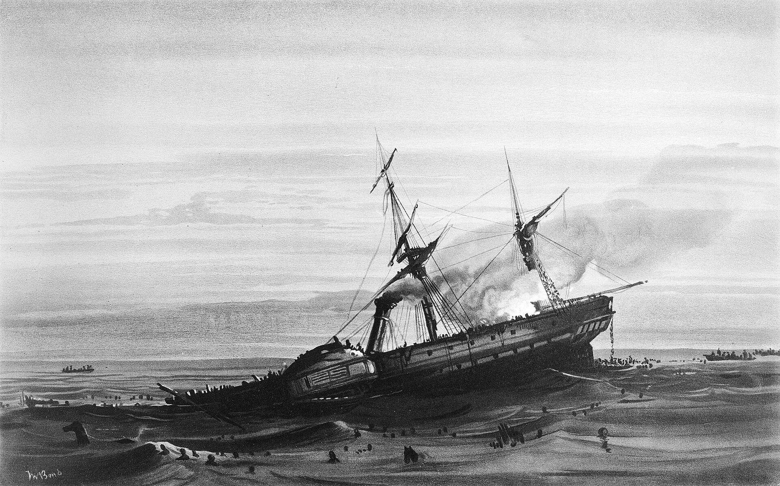HMS Birkenhead, 1852 An 1852 lithograph of HMS Birkenhead foundering off Danger Point, with lifeboats pulling away from the listing troopship