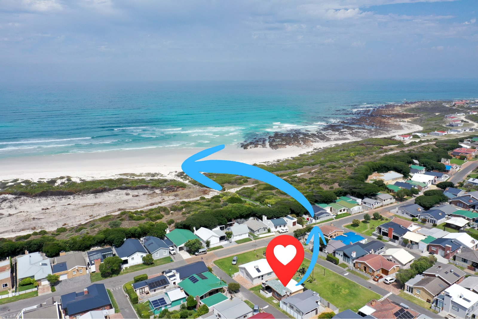 Aerial view showing the walk from Galjoen Gat cottage down a green path to Pearly Beach, with arrows tracing the route